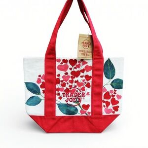 Trader Joe’s Mini Canvas Tote Hand Painted Heart Floral Red Handle New